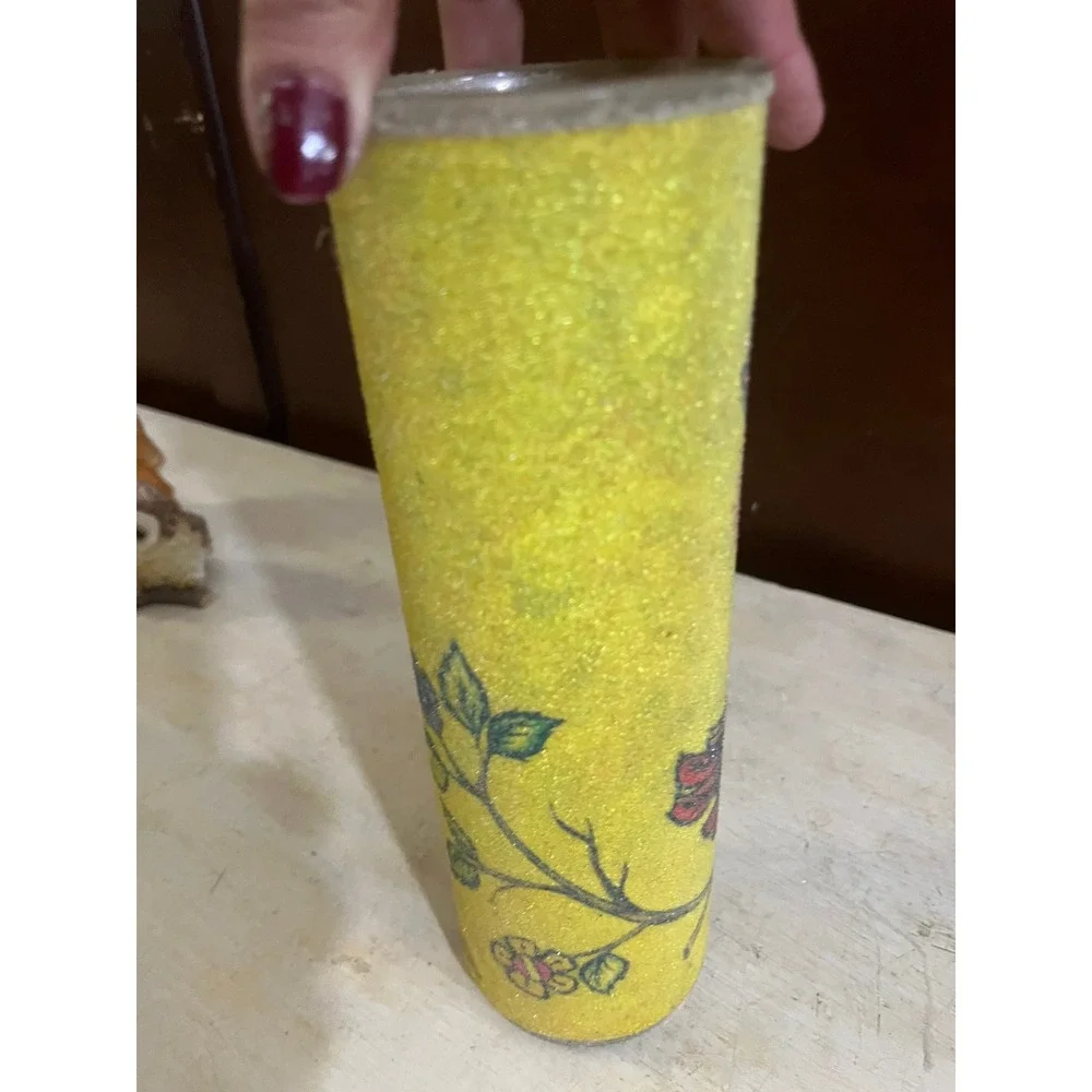 Vintage‎ Glitter Owl Glass Vase Yellow Cylindrical Decorative Floral Accent